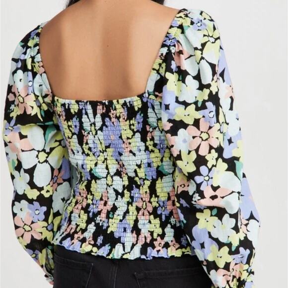 Free People Floral Smocked Puff Sleeve Top Multicolor Boho M - Picture 2 of 9